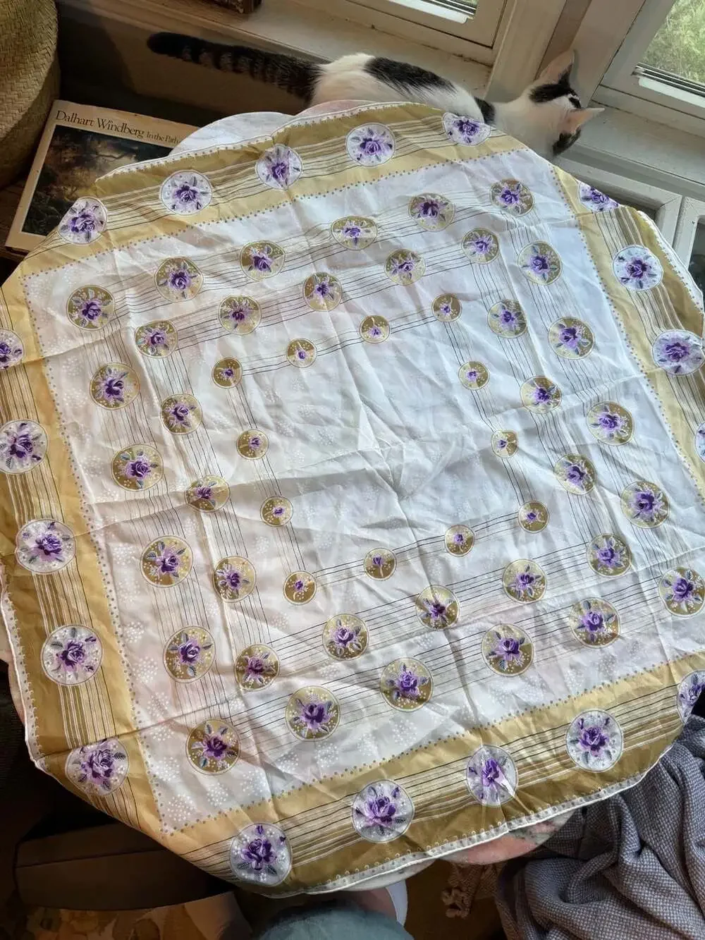 Vintage Floral Print Square Silk Scarf with Gold Border and Purple Roses